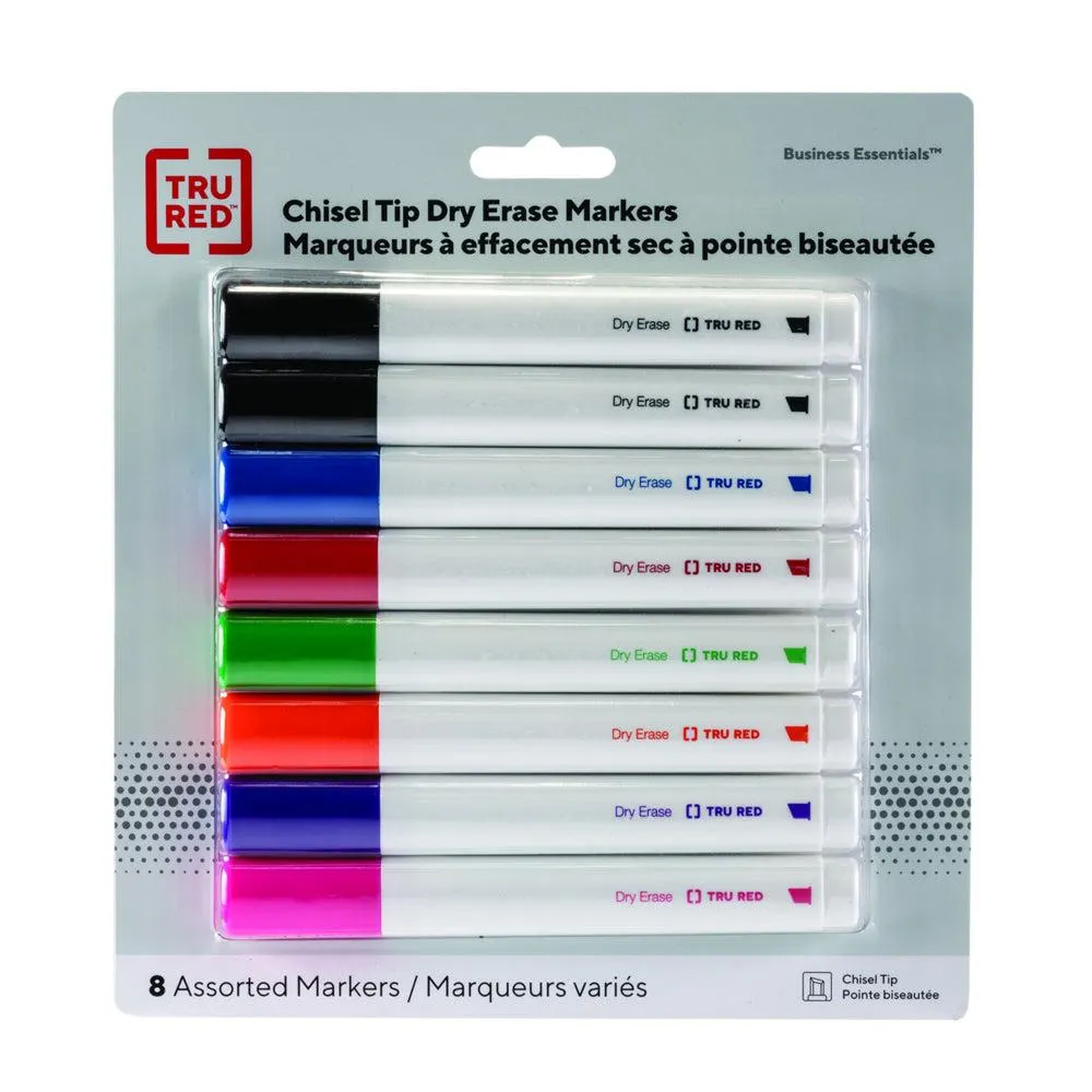 TRU RED - Marqueurs à Effacement Sec - Pointe Biseautée - Couleurs Variées - Paquet de 8