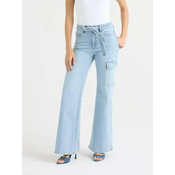 Sofia by Sofia Vergara Women's and Women's Plus Margot Wide Leg High Rise Cargo Jeans with Belt, Sizes 0-28W