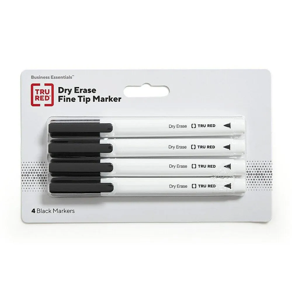 TRU RED - Marqueurs à Effacement Sec - Pointe Fine - Noir - Paquet de 4