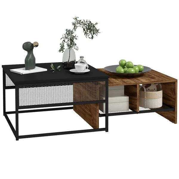 Table basse industrielle HOMCOM en métal grillagée noir et bois composite noyer 24 l. x 24 p. x 15 po h.