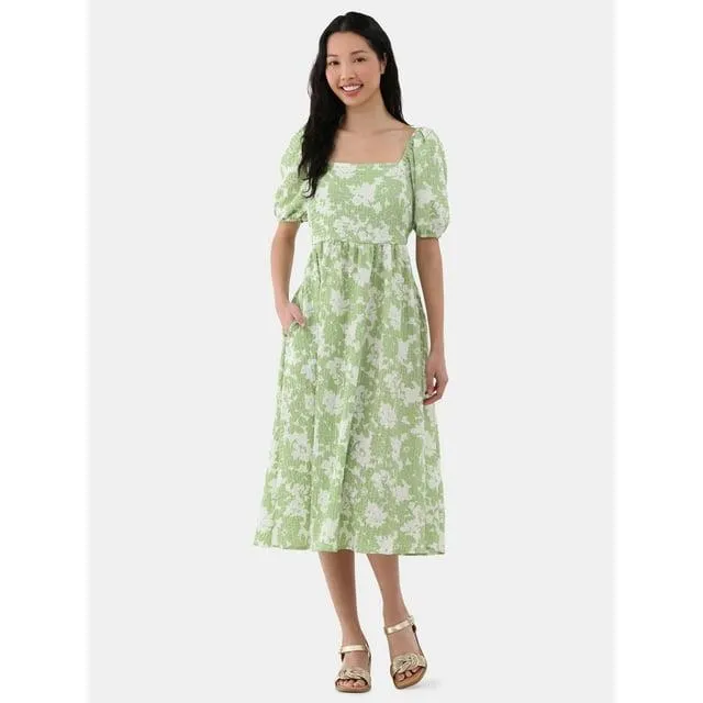 Time and Tru Women's and Women's Plus Back Tie Midi Dress with Puff Sleeves, Sizes XS-4X