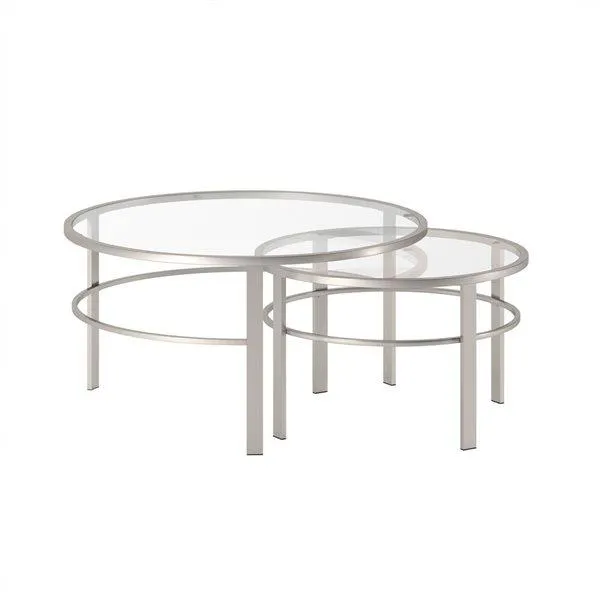 Jeu de 2 tables gigognes rondes Gaia de Hailey Home nickel avec surface en verre