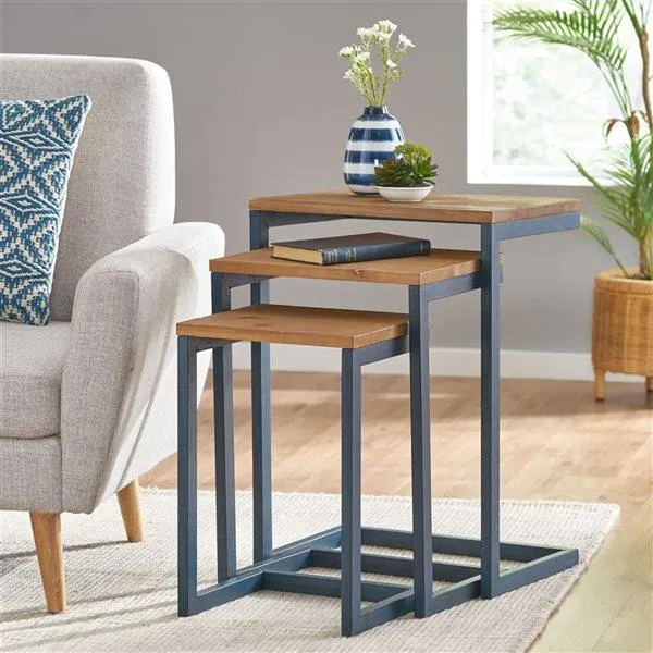 Ensemble de 3 tables gigognes industrielles modernes Mondawe en bois de sapin