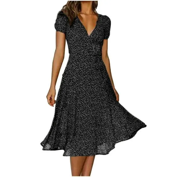 Pisexur Robe d'Été pour Femmes Manches Courtes à Volants Imprimé Floral Sexy Col en V Profond Taille Haute Robe Maxi Fluide Décontractée Robes de Vacances Robe d'Été