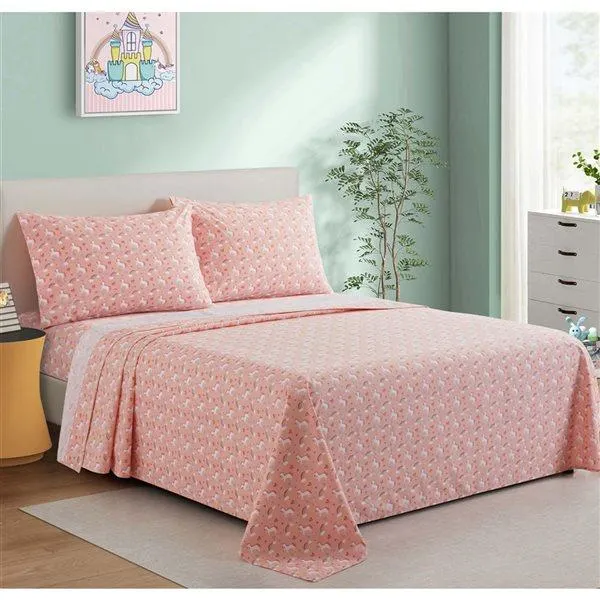 Ensemble de draps 4 pièces pour grand lit Marina Decoration coton/polyester 600 fils à motif licorne rose et blanc