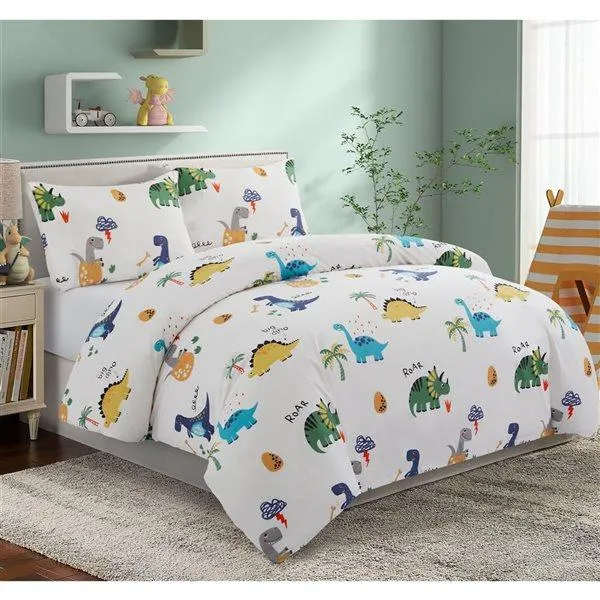 Ensemble housse de couette lit simple 2 morceaux Marina Decoration vert et blanc dinosaure en coton et attache de coin