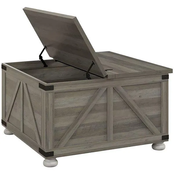 Table basse carrée HOMCOM 31,5 x 18,5 po panneaux de particules gris patiné avec dessus relevable et rangement