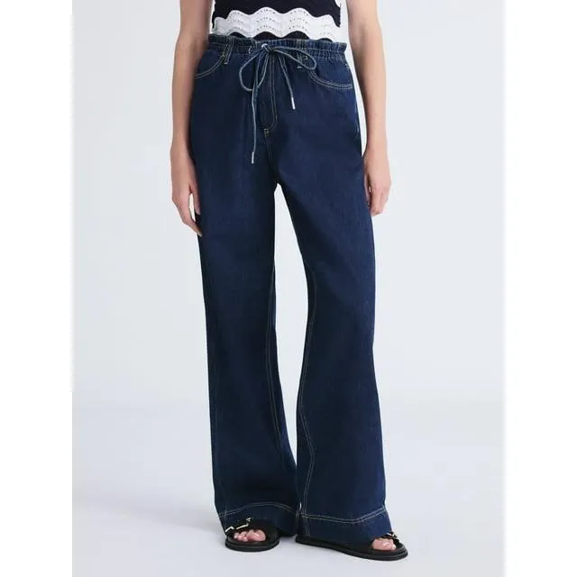 Free Assembly Women's and Women's Plus Loose Fitting Wide Leg Jeans with Tie Waist, 32" Inseam, Sizes 0-26