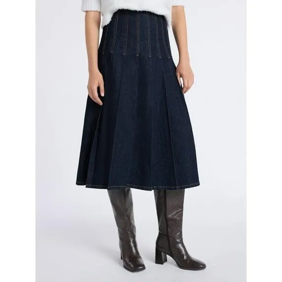 Free Assembly Women's and Women's Plus Stitch Pleated Denim Maxi Skirt, Size 0-28