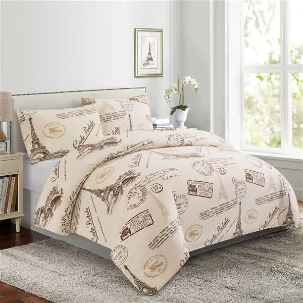 Ensemble housse de couette pour grand lit 3 morceaux Marina Decoration blanc et brun voyage et fermeture éclair cachée