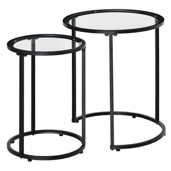 Tables d'appoint gigognes HOMCOM avec plateau en verre tempéré et structure de métal noir, ens. de 2