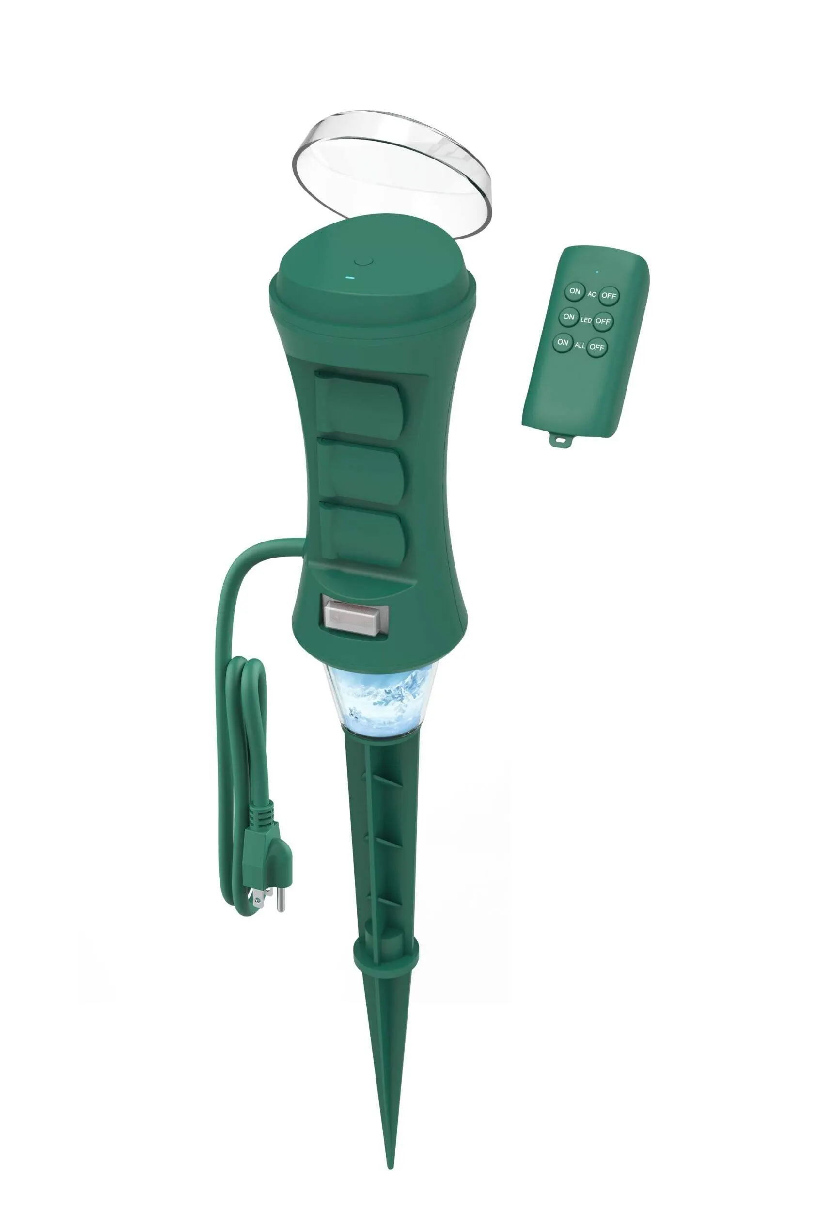 Piquet d'extérieur à brancher avec 6 prises avec mise à la terre NOMA, télécommande sans fil avec portée de 80 pi, cordon de 6 pi, vert