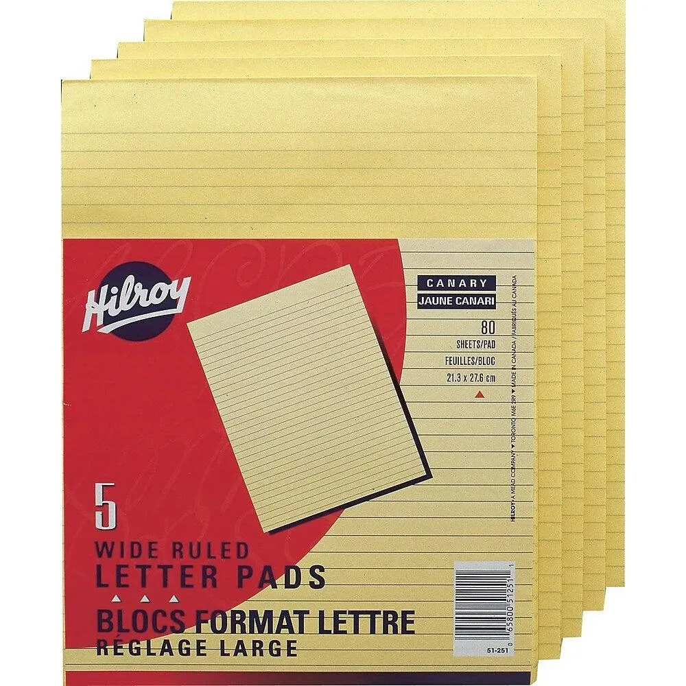 Hilroy - Tablettes de calcul , 8-3/8 po x 10-7/8, ligné large, canari, 80 feuilles, paquet de 5