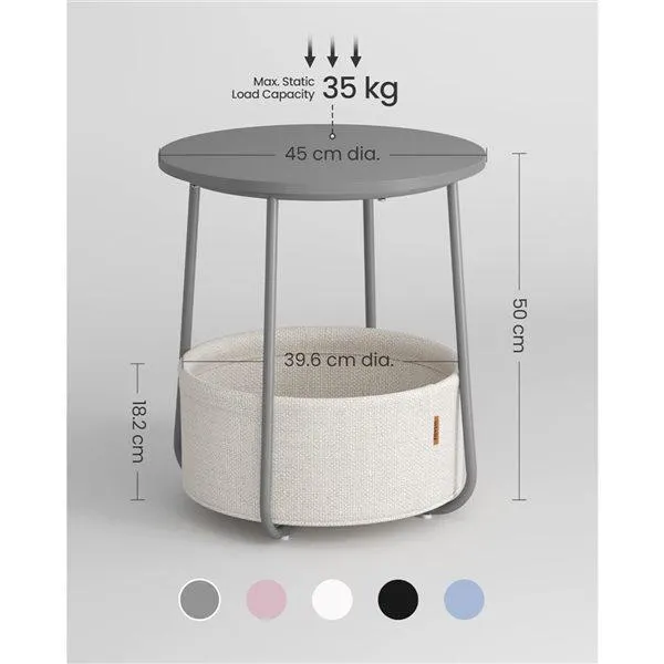 Table d'appoint ronde gris ciment 18 po diamètre de Boutique Home avec panier en tissu blanc nuage