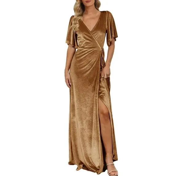 YOGAFOX Women Velvet V Neck Wrap Bell Sleeve Split Cocktail Maxi Dress（Golden,M）