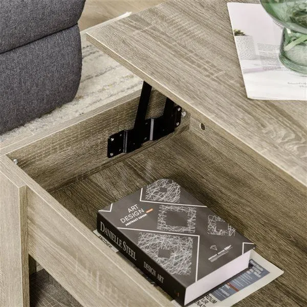 Table basse grise à plateau relevable HomCom en panneaux de particules avec espace de rangement dissimulé