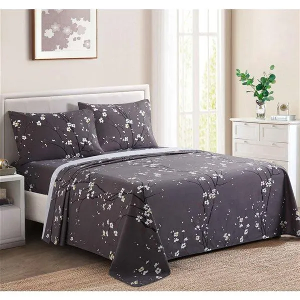 Ensemble de draps pour lit 1 place Marina Decoration coton/polyester 600 fils motif fleurs gris foncé/blanc/violet/noir