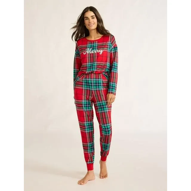 Joyspun Women’s Long Sleeve Tee and Jogger Pants Pajama Set, 2-Piece, Sizes S-3X