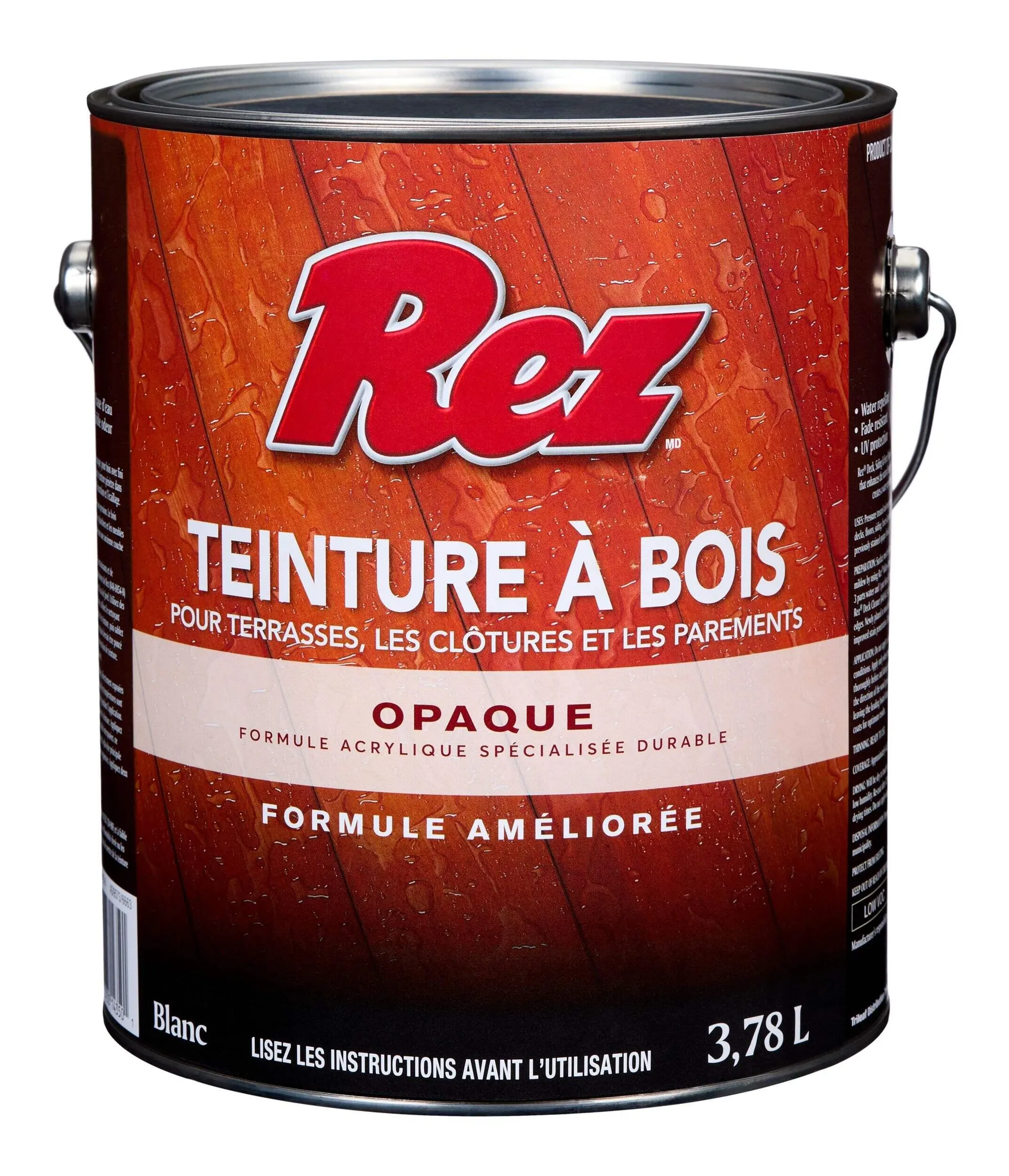 Teinture de bois durable à base d'huile et d'eau pour terrasses, parements et clôtures REZ, blanc opaque/semi-transparent, 3,78 L