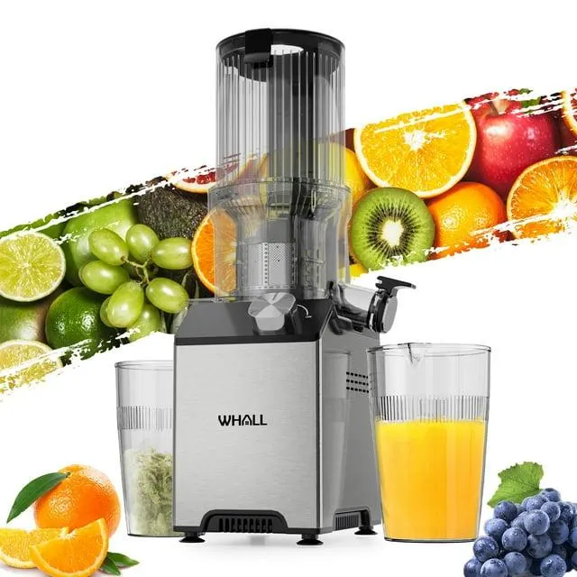 WHALL Machine à Jus à Pression Lente : 4 Pouces Extra - Grande Goulotte d'Alimentation, Fonction Inverse, pour Ingrédients Mous et Durs 180W
