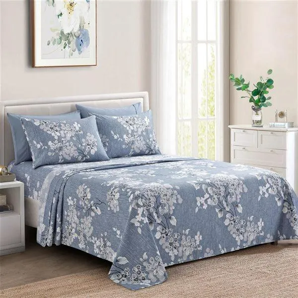 Ensemble de draps 6 pièces pour lit 2 places Marina Decoration bambou/polyester à motif floral blanc sur bleu-gris