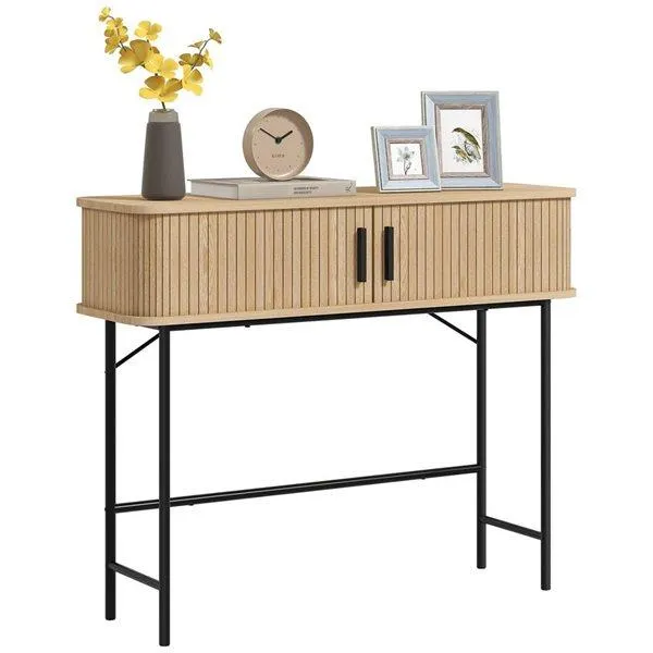 Table console étroite HOMCOM avec portes coulissantes à lattes, chêne