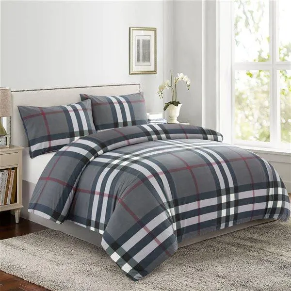 Ensemble de literie pour très grand lit 4 morceaux Marina Decoration gris et noir carreauté en bambou