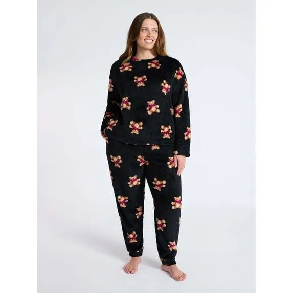 Joyspun Women's Plush Long Sleeve Top and Pants Pajama Set, 2-Piece, Size XS-3X