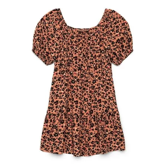 Wonder Nation Girls Tiered Dress with Puff Sleeves, Sizes 4-18 & Plus