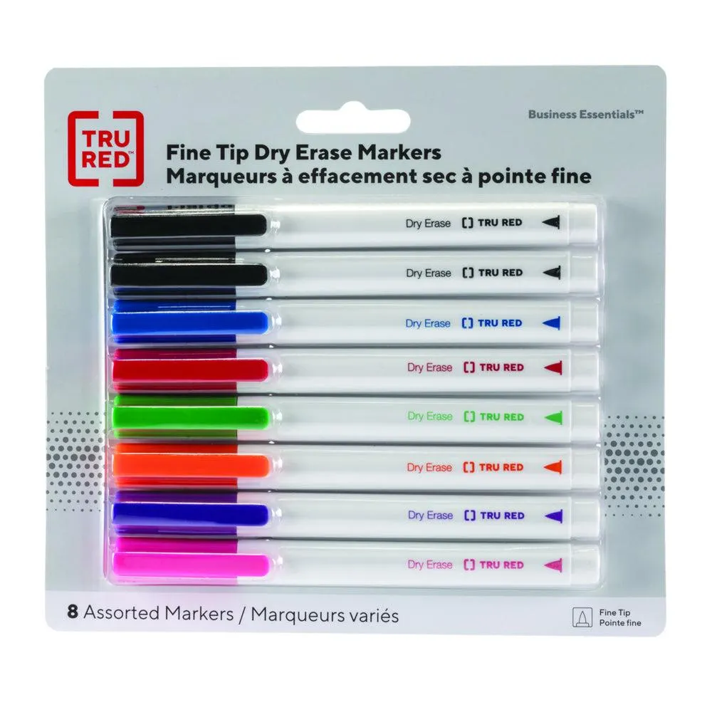 TRU RED - Marqueurs à Effacement Sec - Pointe Fine - Couleurs Variées - Paquet de 8