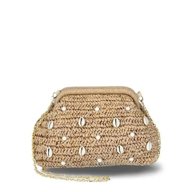 Time and Tru Women's Embellished Straw Frame Clutch Handbag, Natural
