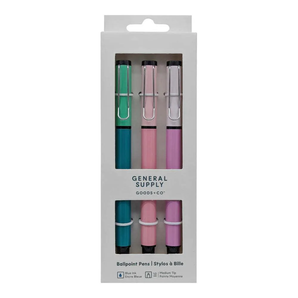 General Supply Goods + Co - Stylo à bille - 1,0 mm - bleu - pastel - paquet de 3