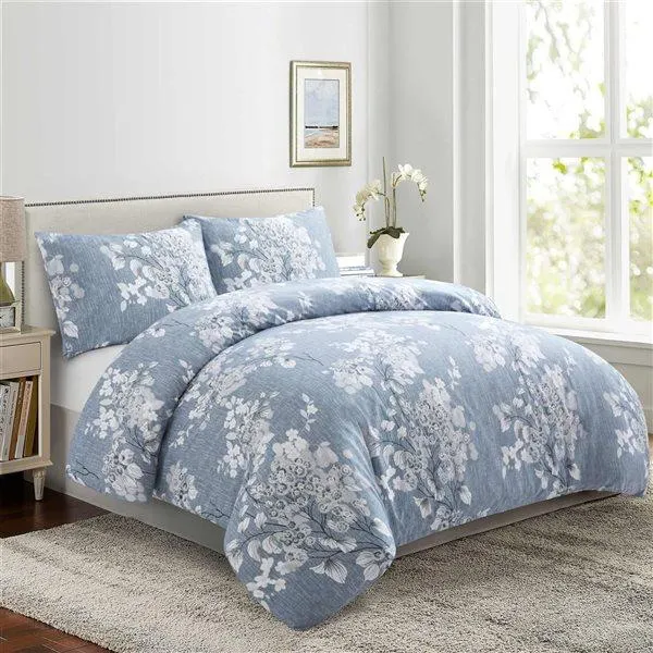 Ensemble de literie pour lit double 4 morceaux Marina Decoration gris et bleu imprimé floral en bambou