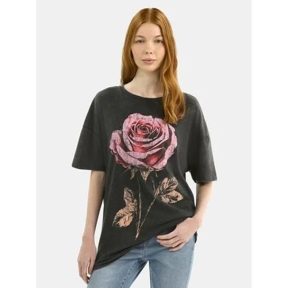 No Boundaries Washed Graphic Boyfriend Tee, Women's