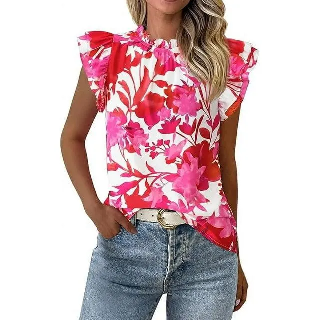 PRETTYGARDEN Women's Ruffle Short Sleeve Summer Tops Trendy Floral Trim Neck Casual Dressy Chiffon Boho Blouses Shirts