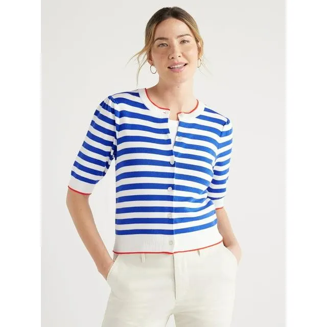 Free Assembly Women's Cardigan Sweater with Short Puff Sleeves, Midweight, Sizes XS-XXL