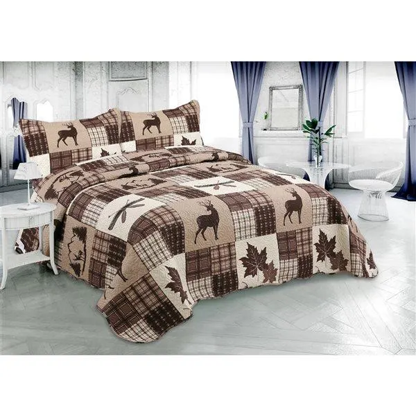 Couvre-lit courtepointe pour grand lit Marina Decoration feuilles d'érable brunes avec cerfs en relief Pinsonic