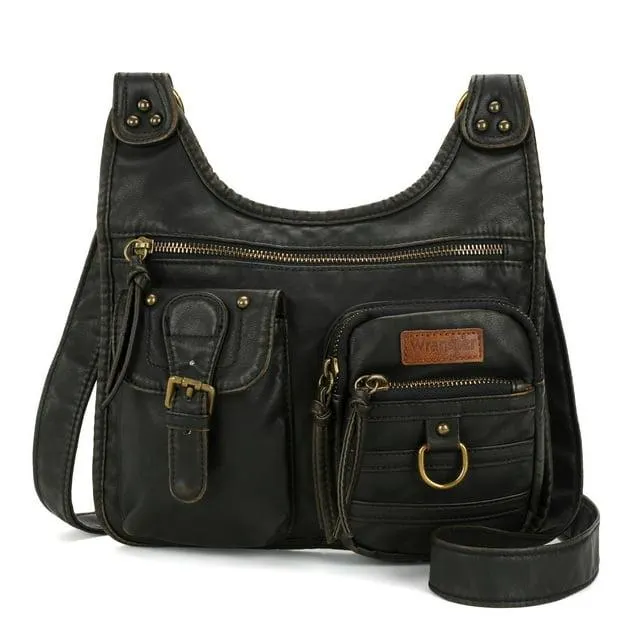 Wrangler Crossbody Bag for Women Soft Washed Leather Multi Pocket Shoulder Purses