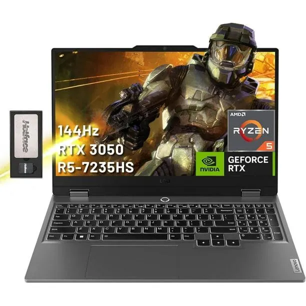 Lenovo LOQ Ordinateur Portable de Jeu 15.6 Pouces, Écran FHD 144Hz 300-nit, AMD Ryzen 5 7235HS, GeForce RTX 3050, 12 Go DDR5, 512 Go SSD, Clavier Rétroéclairé, Webcam, Wi-Fi 6, Win 11 Pro, Gris, Station d'Accueil 128 Go