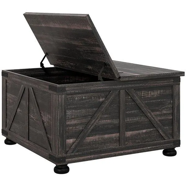 Table basse carrée HOMCOM 31,5 x 18,5 po panneaux de particules brun patiné avec dessus relevable et rangement