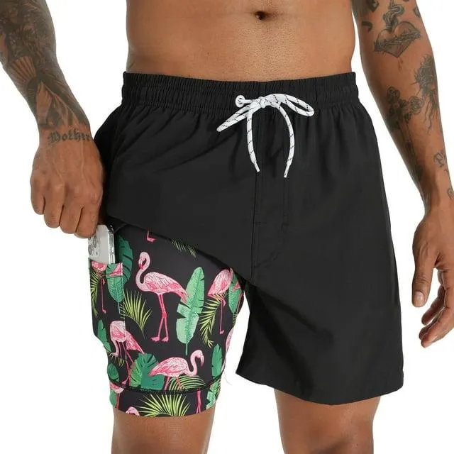 APTRO Mens Swim Trunks With 2 in 1 Compression Liner 5.5"Board Shorts Quick Dry Swimming Bathing Suit Summer Beach Shorts Black MK265 S