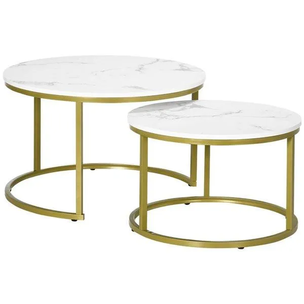 Tables basses gigognes rondes par HOMCOM en métal doré et MDF aspect marbre blanc, ensemble de 2