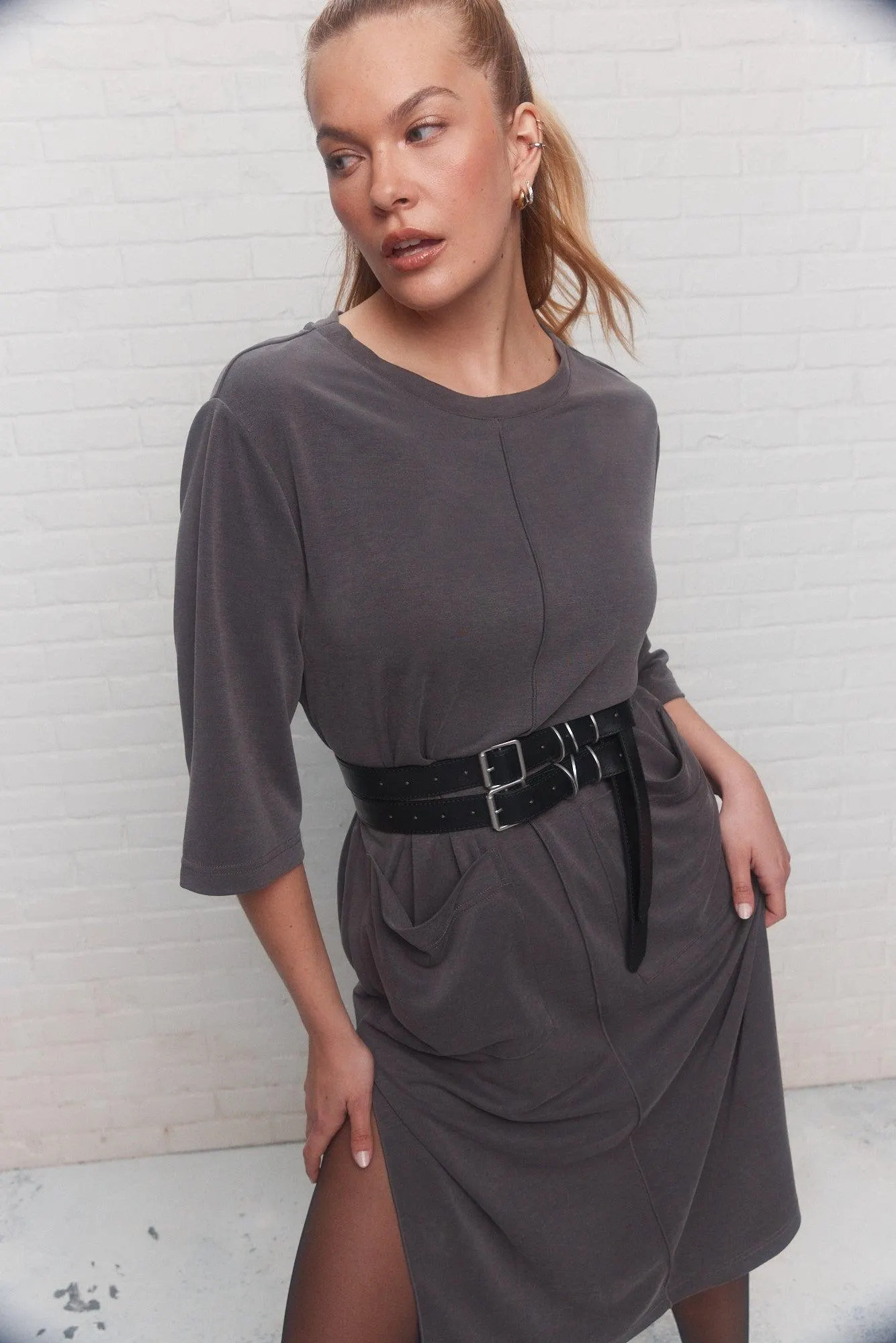 Ceinture double noire boucle argent brossé | Rafele