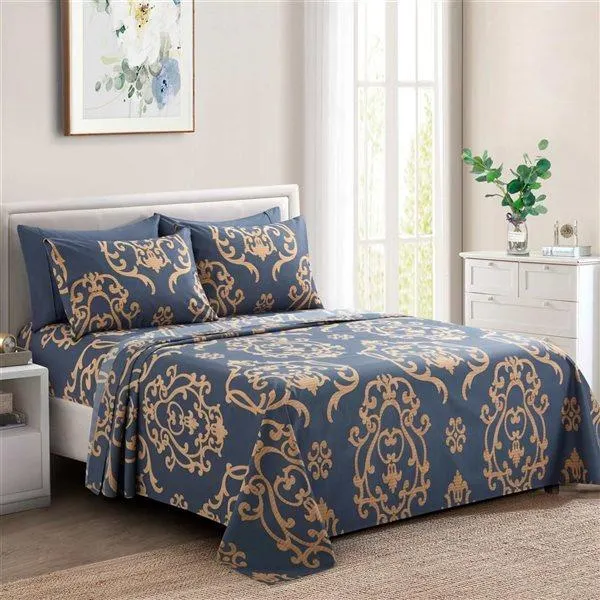 Ensemble de draps 6 pièces pour très grand lit Marina Decoration bambou/polyester à motif damassé marine et doré