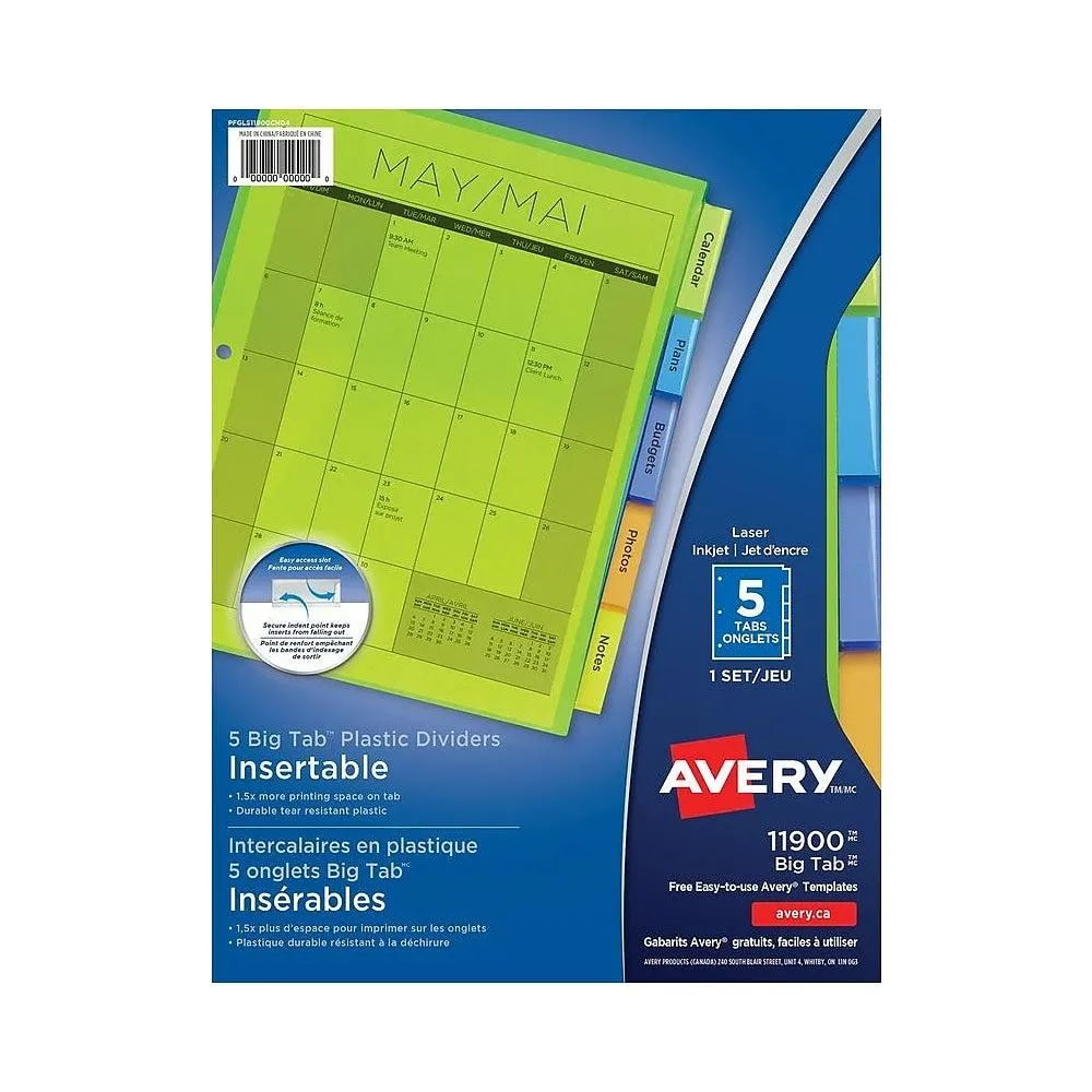 Avery® – Intecalaires insérables en plastique Big Tab™, 9-1/4 x 11-1/8 po - 5 onglets - paq./1 - multicolores