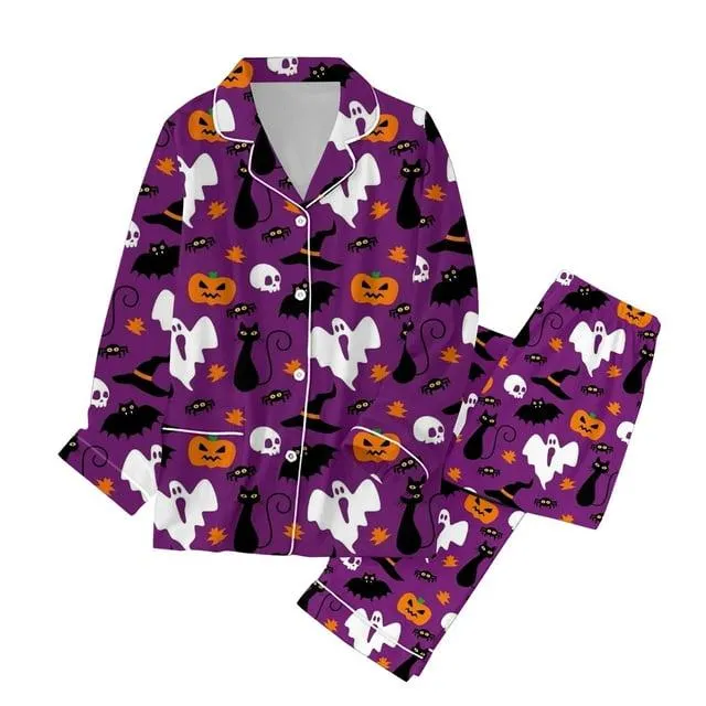 Xuewenshw Pyjamas pour Femmes pour Famille Ensemble Assorti Pyjamas de Vacances Ensemble de Pyjama Classique Boutonné en Satin