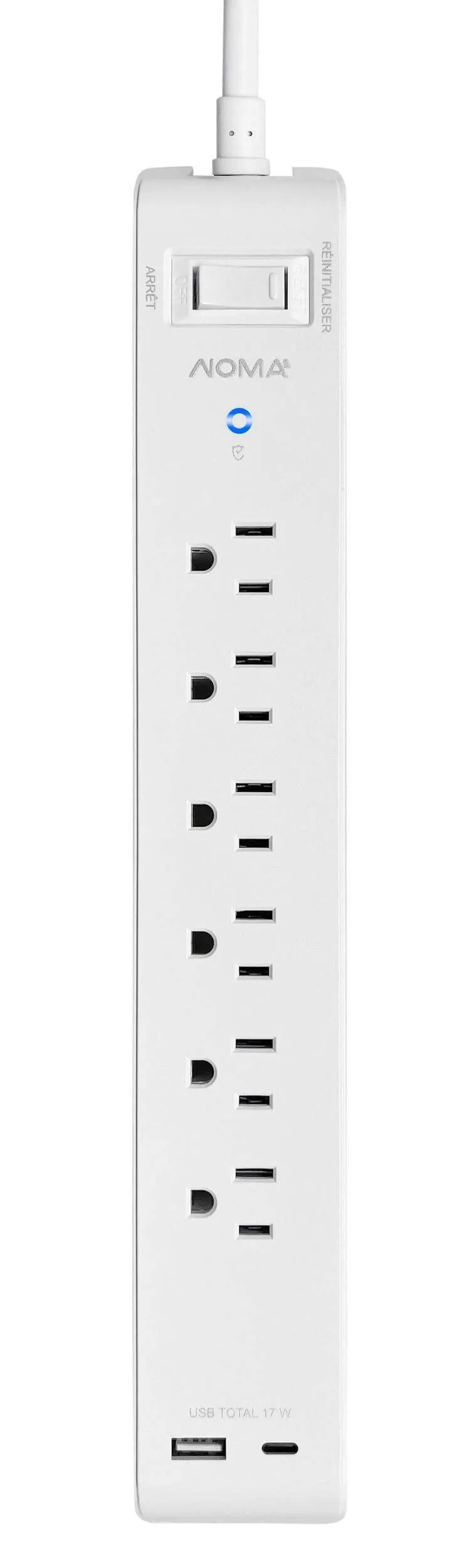 Barre d'alimentation à 6 prises et 2 ports USB à chargement rapide avec limiteur de surtension NOMA, cordon de 6 pi, prise plate à angle droit, blanc