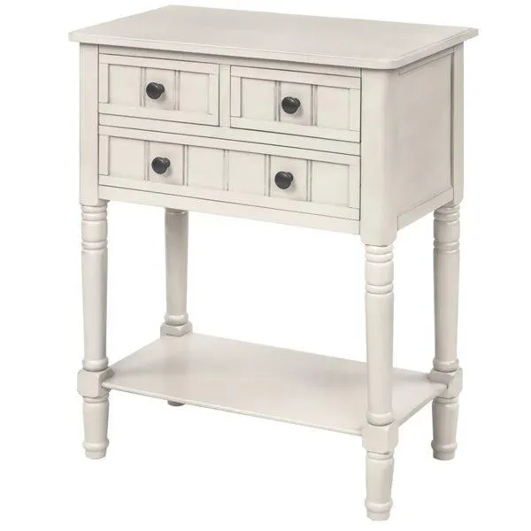 Table console étroite Homy Casa 23,7 po l. en bois/MDF blanc ivoire avec 3 tiroirs et tablette inférieure