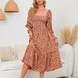 Hinvhai Robe Maxi à Encolure Carrée Florale pour Femmes en Liquidation Manches Bouffantes Robe de Maternité Fluide Robe de Maternité Orange 10(TG)