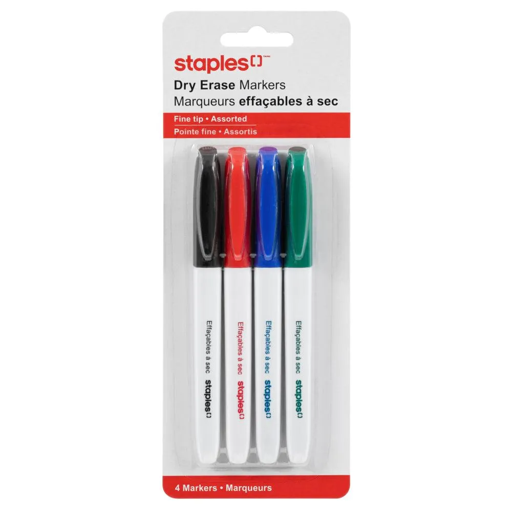 Staples - Marqueurs à effacement sec − Pointe fine − Couleurs variées − Paquet de 4